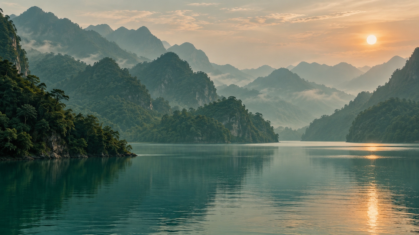 An original artwork of forested mountains reflected in a jade lake at sunrise